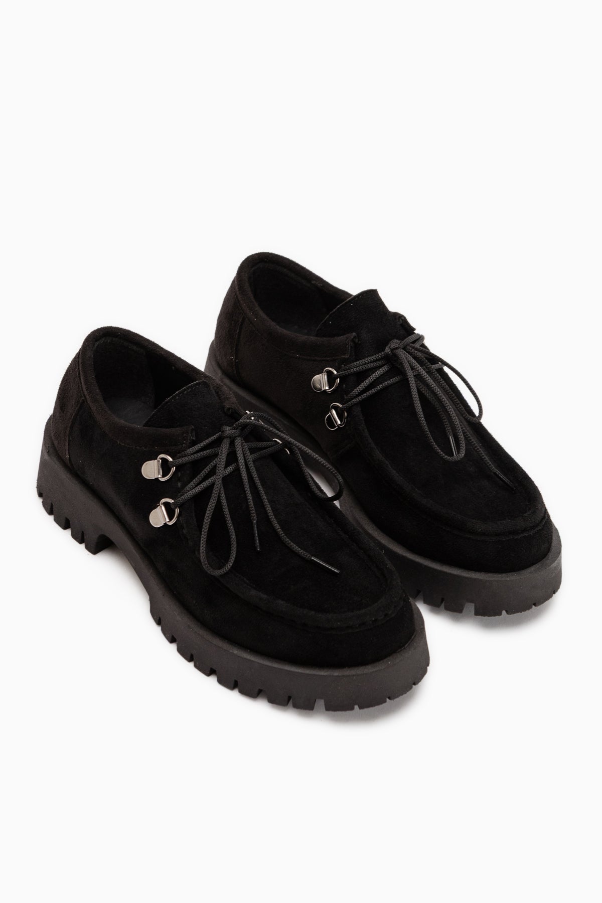 Trudy Black Suede Lace-Up Thick Sole Women’s Loafer