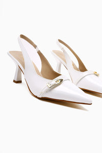 Camillas White Patent Leather Pointed Toe Buckle Detailed Women's High Heel Shoes
