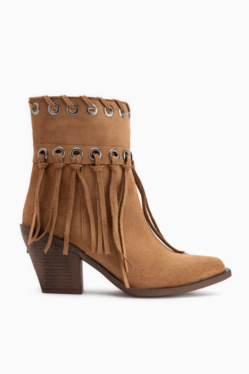 Nessa Tan Wildleder Fransen Chunky Absatz Damen Cowboy Stiefel