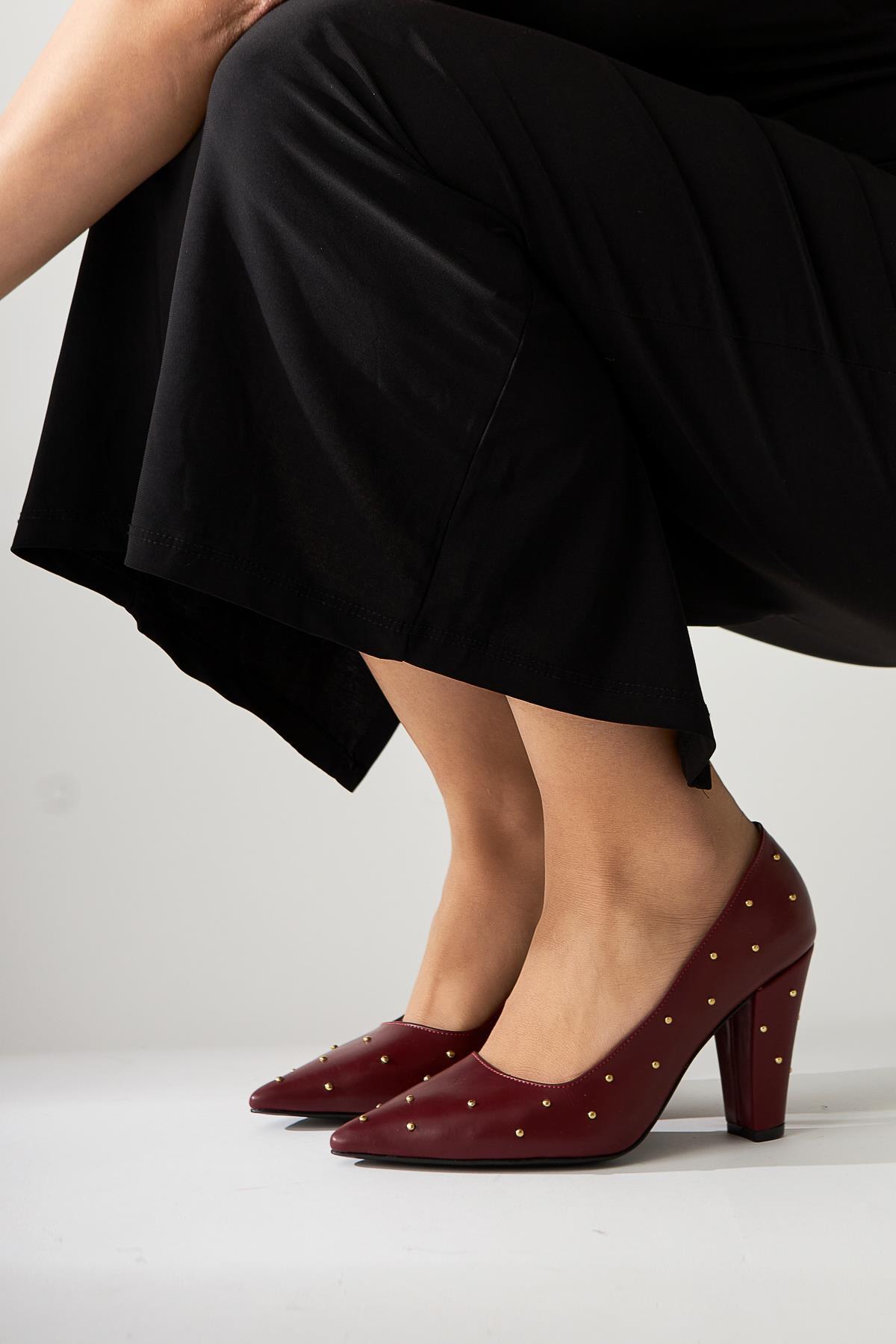 Audrey Claret Red Pointed Toe Studded Detailed Heeled Women's Shoes