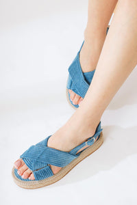 Iris Blue Velvet Cross-Strap Sandals