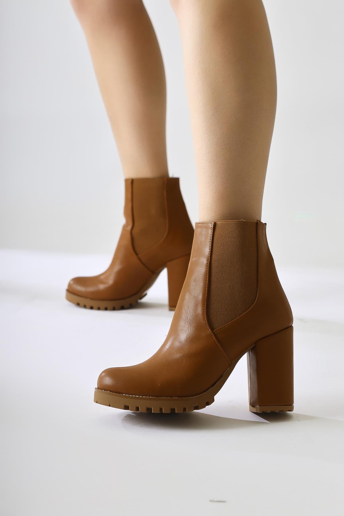 Dorsaf – Cognac Oval-Toe Elasticized Heeled Boot (Women)