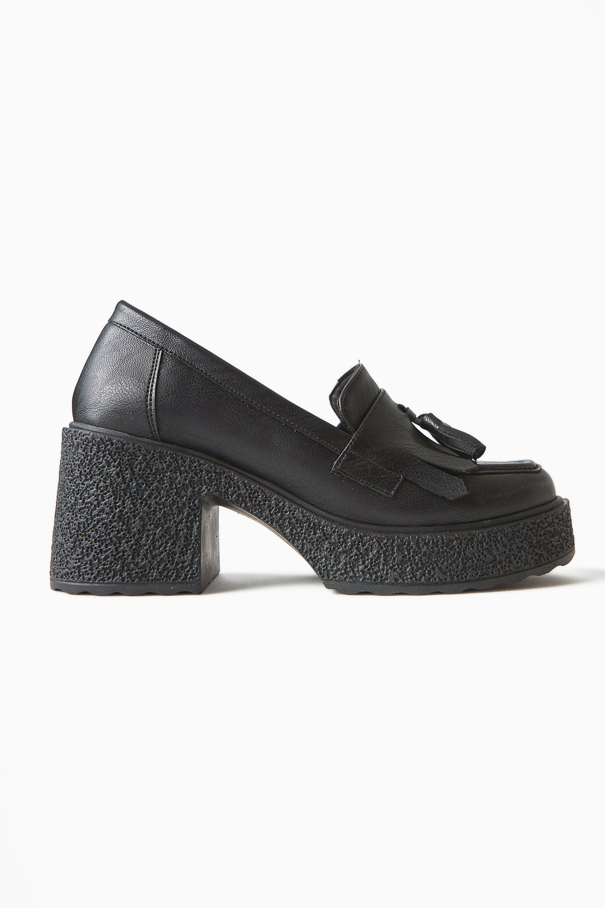 Loreen – Black Tassel-Detail Heeled Casual Loafer (Women)