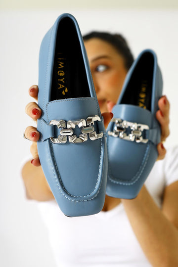 Asmin Echtes Leder Blaue Schnalle Detaillierte Quadratische Zehe Tägliche Damenschuhe