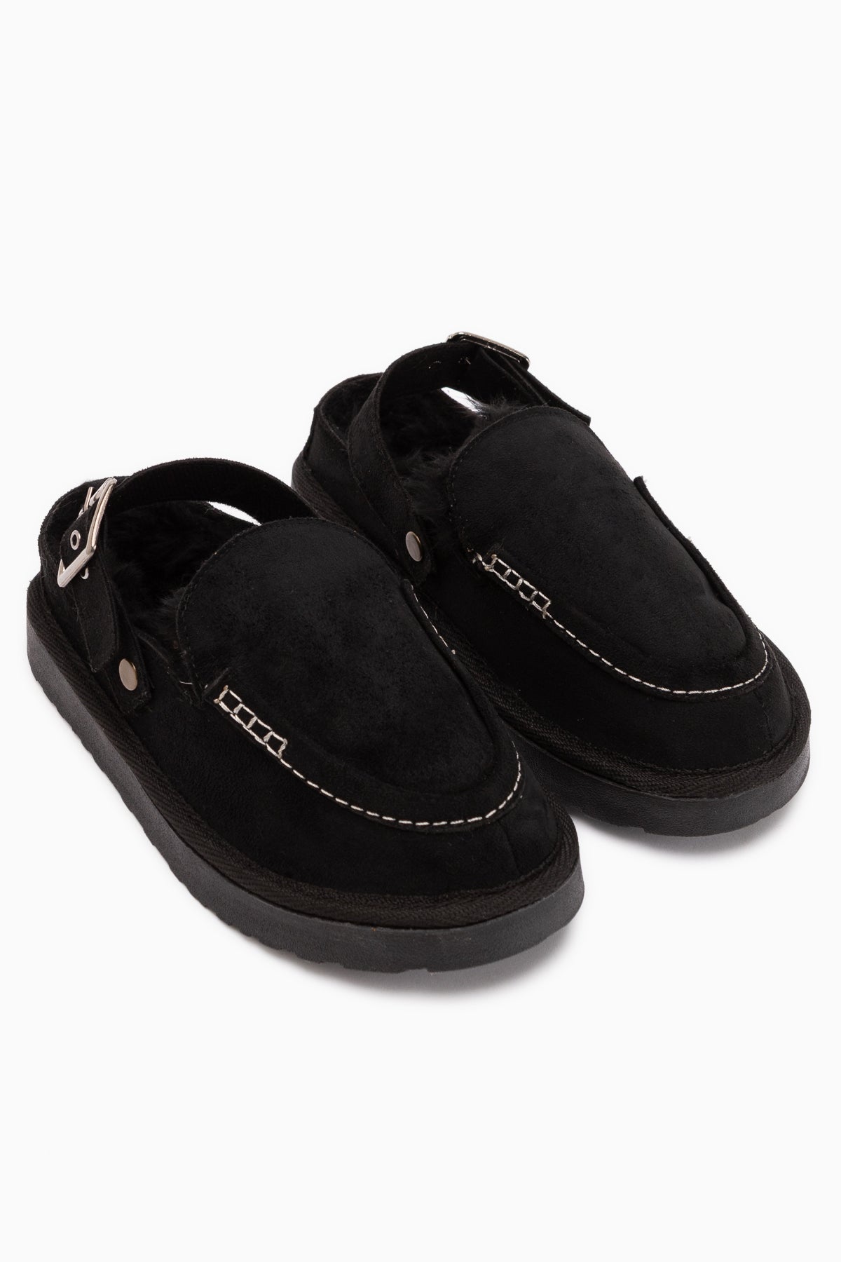 Cathy Schwarzes Wildleder mit Fell Damen Pantoletten