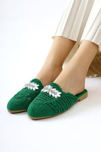 Marlina Green Buckle Detailed Knitted Slippers