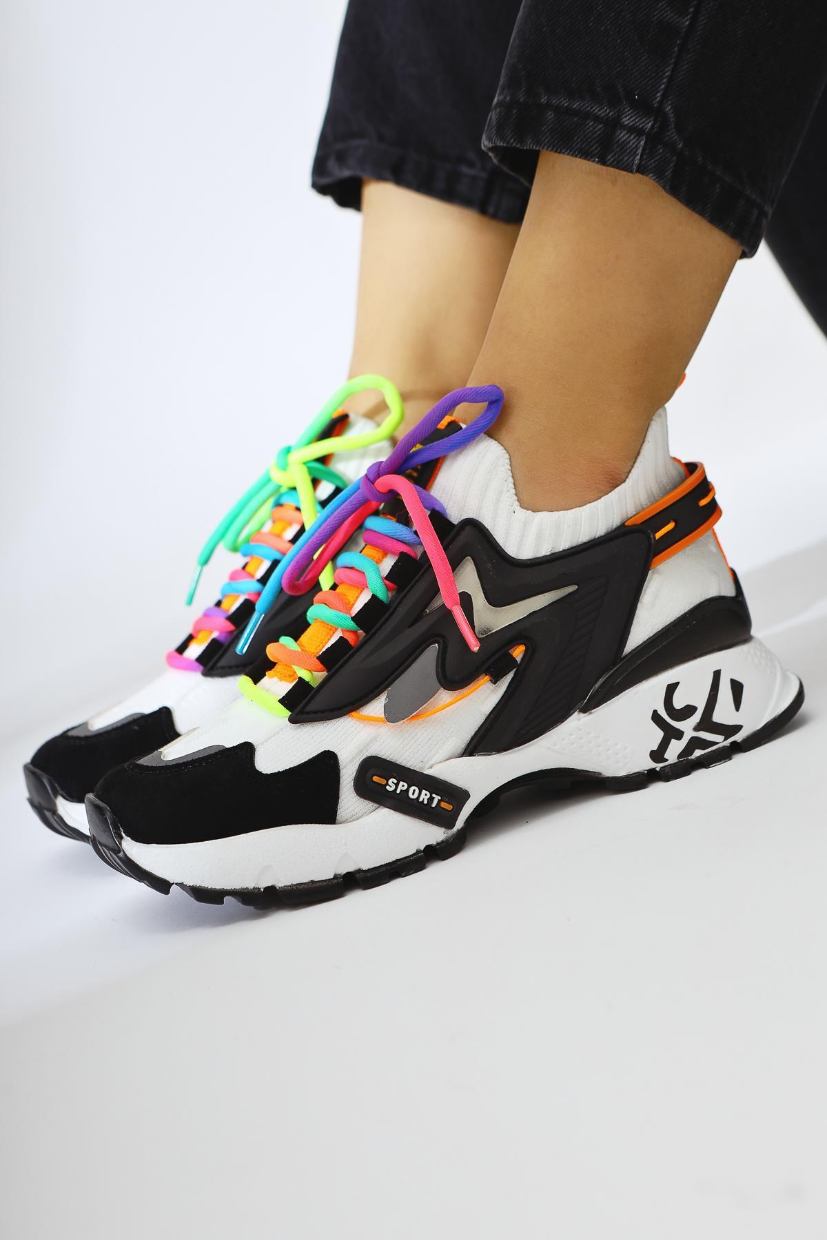 Anabell Siyah-Beyaz Triko Süet Detaylı Renkli Bağcıklı Kadın Sneakers