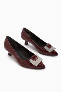 Lini Burgundy Patent Leather Buckled Low Heel Women's Shoes
