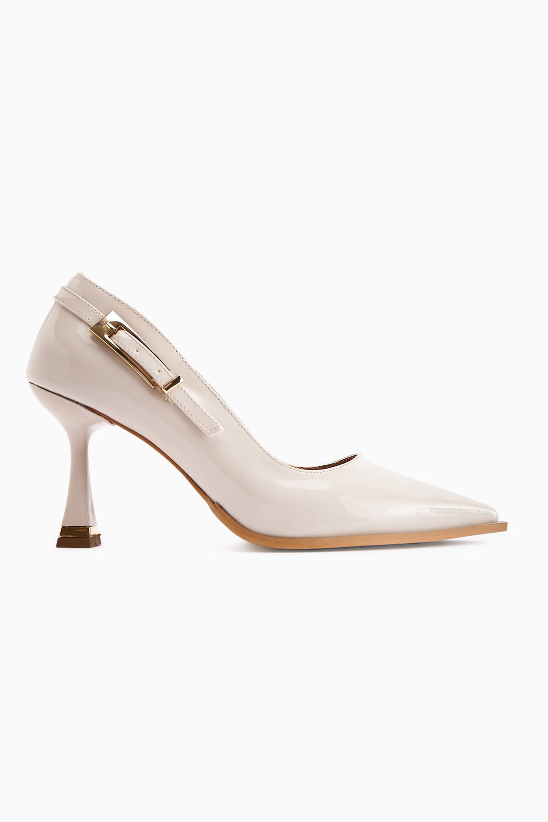 Mithra Beige Lackleder Spitzes Buckle Detail Damen Absatzschuhe