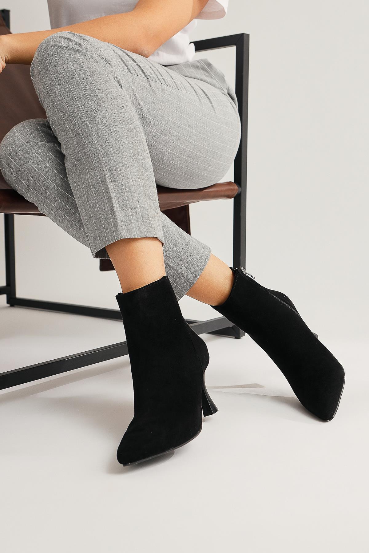 Anna Eva Black Suede Pointed Toe Zippered Thin Heel Boots
