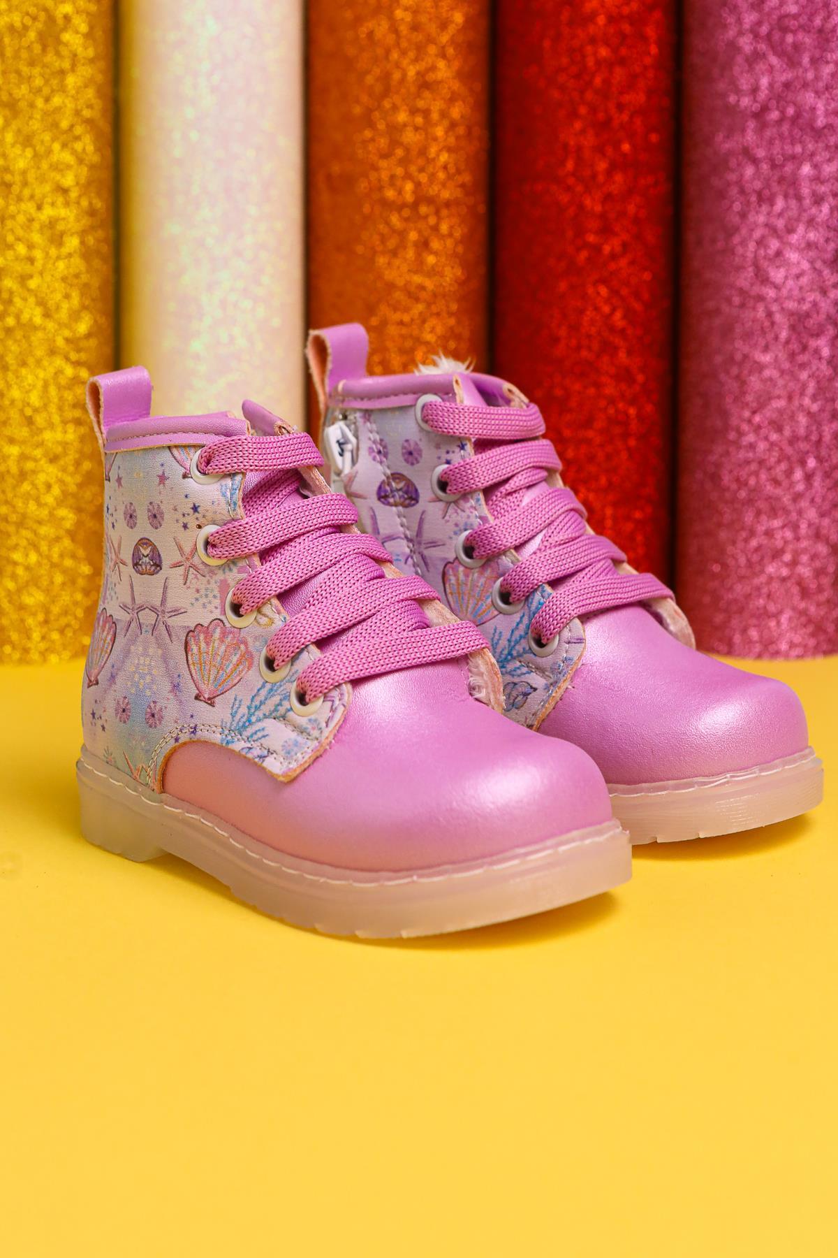 Gifty Lila Meeresleben Druck Leuchtende Schnür-Baby-Stiefel