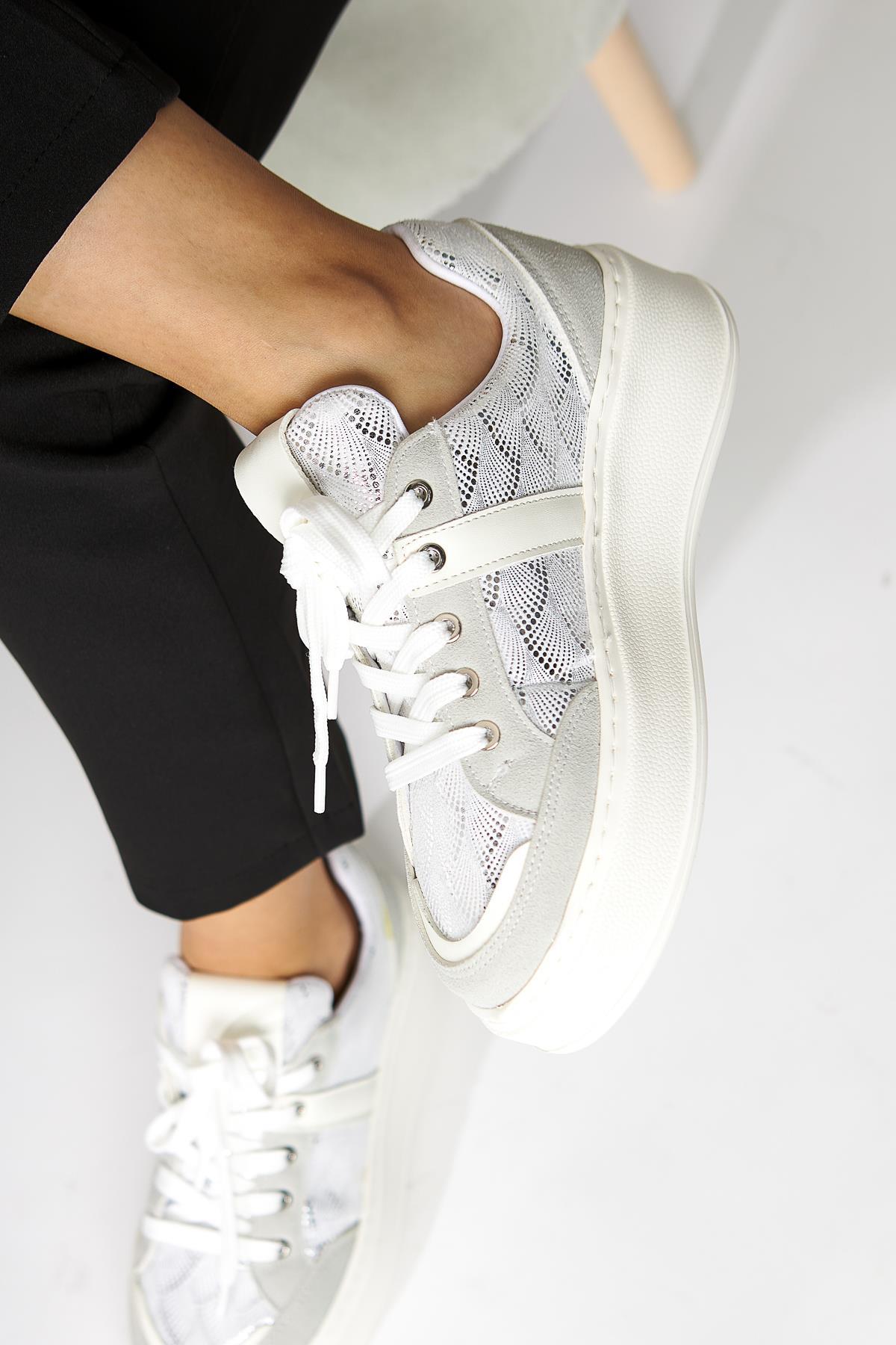 Julissa White Suede Shiny Patterned Thick Sole Women's Sneakers
