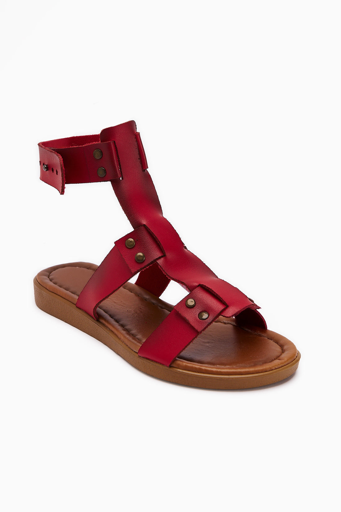 Echtes Leder Rayen Rot Drei-Band Nieten Damen Sandale