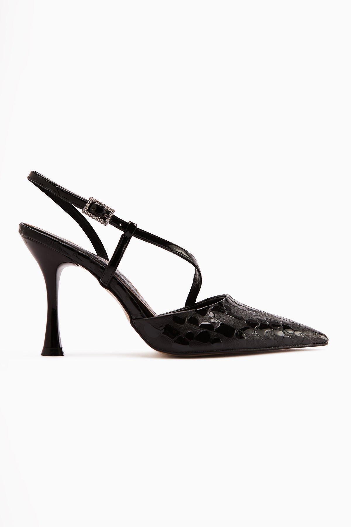 Sarah Genuine Leather – Black Croc-Embossed Pointed-Toe Heeled Shoe (Women)