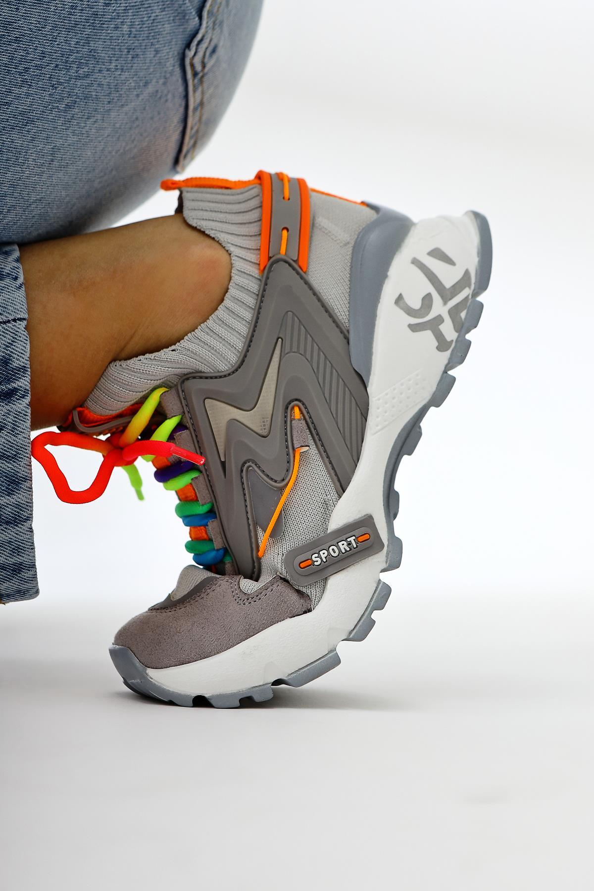 Anabell Gray Knit Suede Detailed Colorful Lace-Up Women's Sneakers