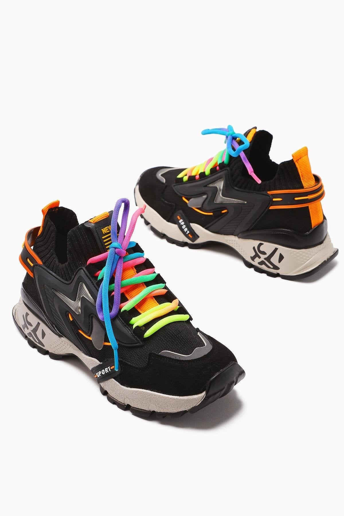Anabell Siyah Triko Süet Detaylı Renkli Bağcıklı Kadın Sneakers