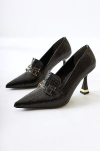 Stiliani Black Crocodile Print Leather Buckle Detailed Women’s Heeled Shoes