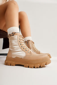 Meredith Beige Fluorescent Fabric Detailed Lace-Up Boots