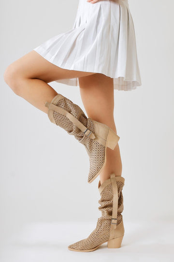 Orietta Nude Suede Laser Cut Pleated Summer Boot