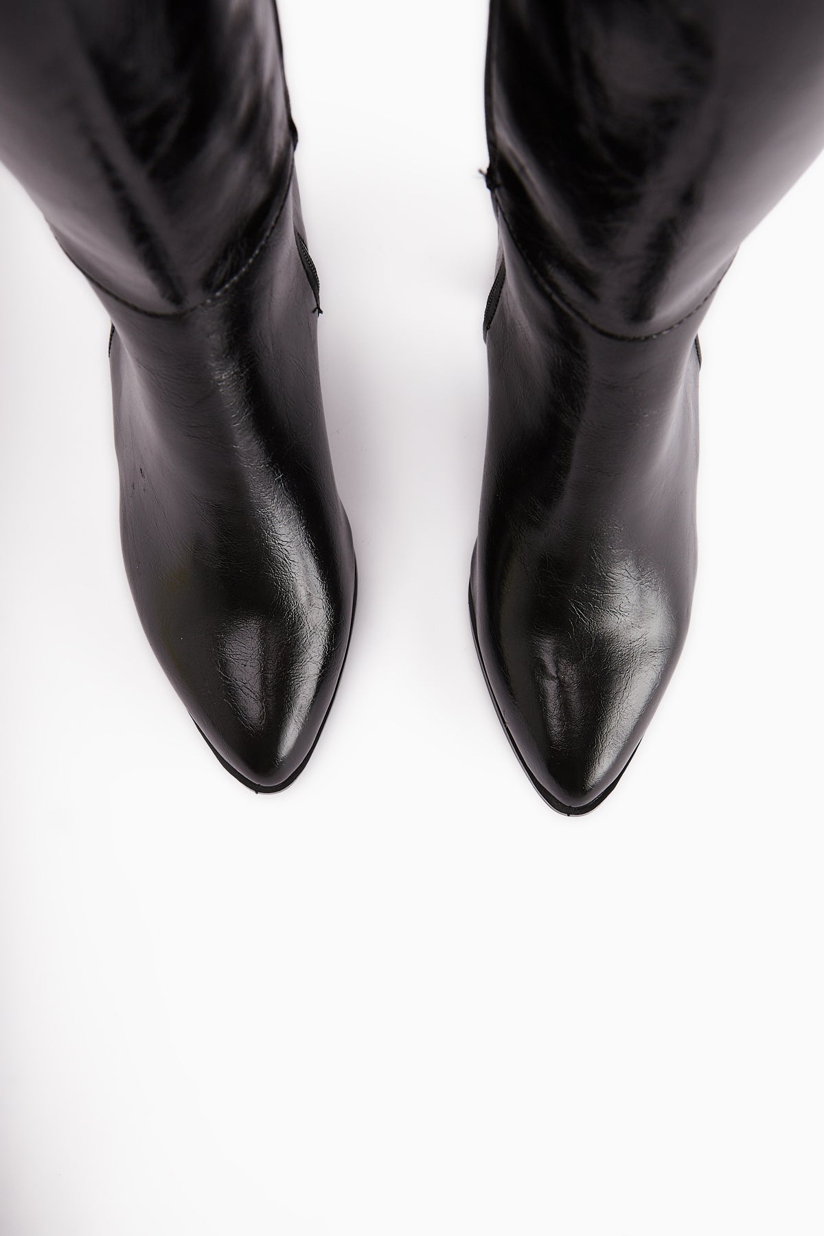 Tatum Black Wrinkled Patent Pointed Mid Heeled Boot