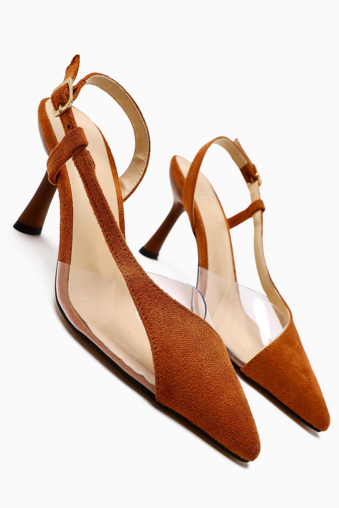 Aliah Brown Suede Pointed Toe Transparent Detail Thin Heel Women's Shoes
