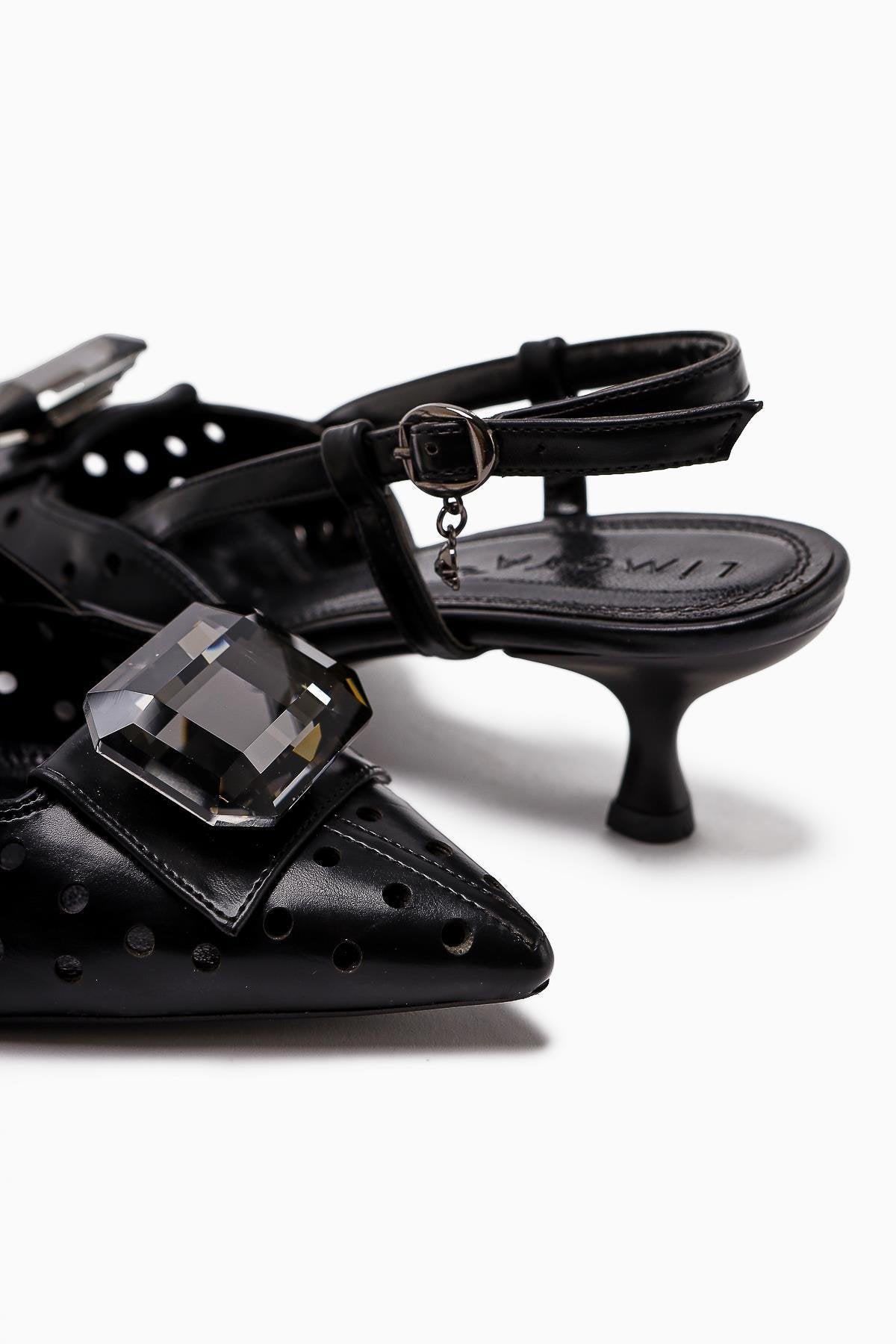 Ela Black Pointed Toe Laser Cut Stone Women's High Heel Shoes