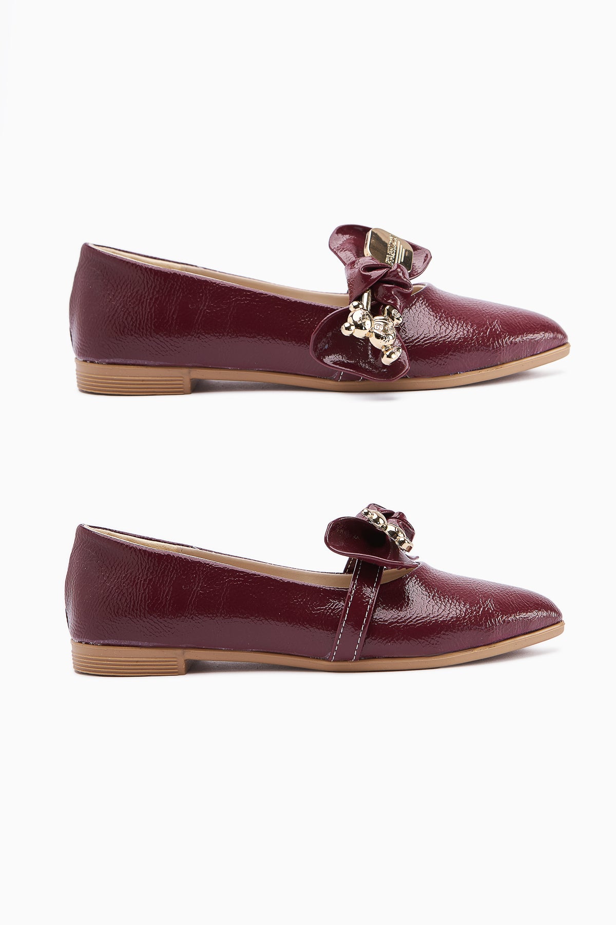 Joselin Claret Red Wrinkled Patent Leather Bow Accessory Ballerinas