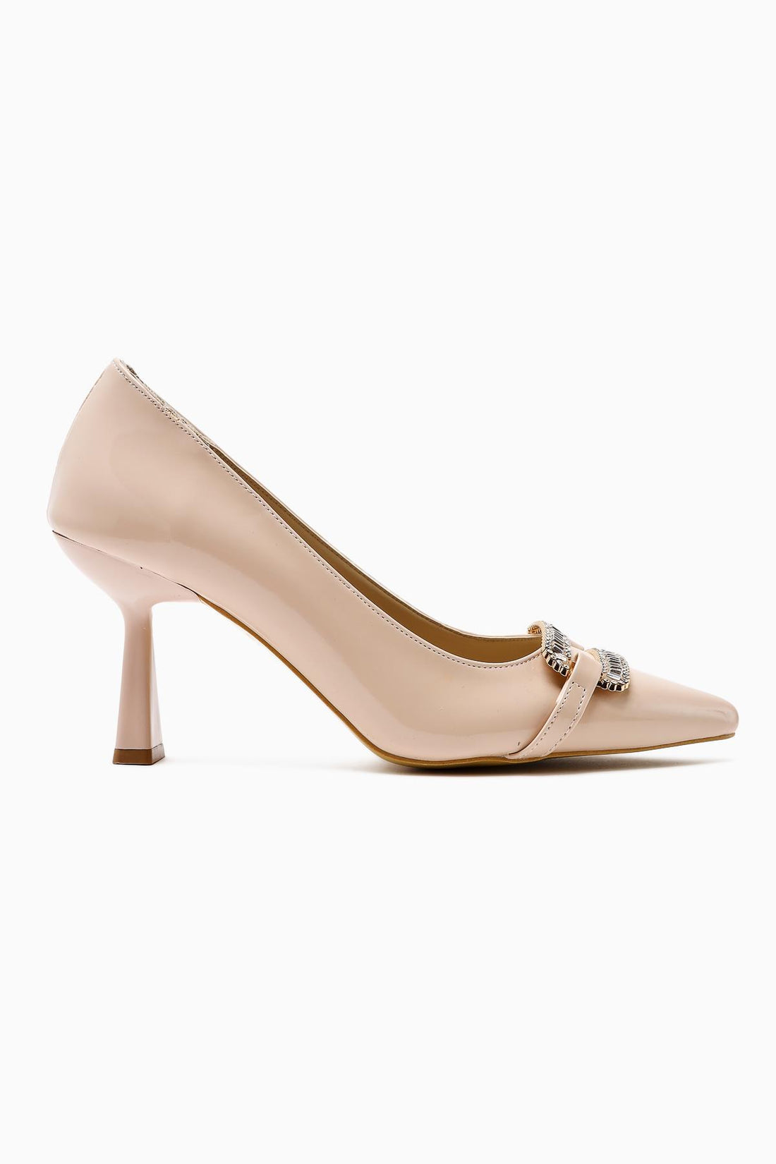 Ania Beige Patent Leather Pointed Toe Stone Buckle Detailed Heeled Women's Shoes