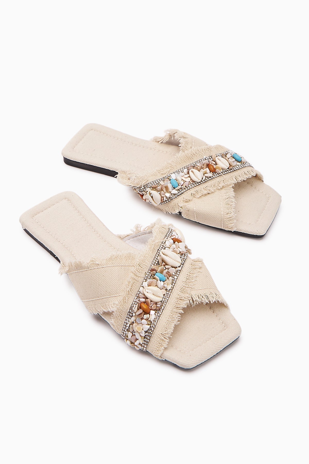 Felisa Beige Stone and Sea Shell Embellished Bohemian Women's Slippers