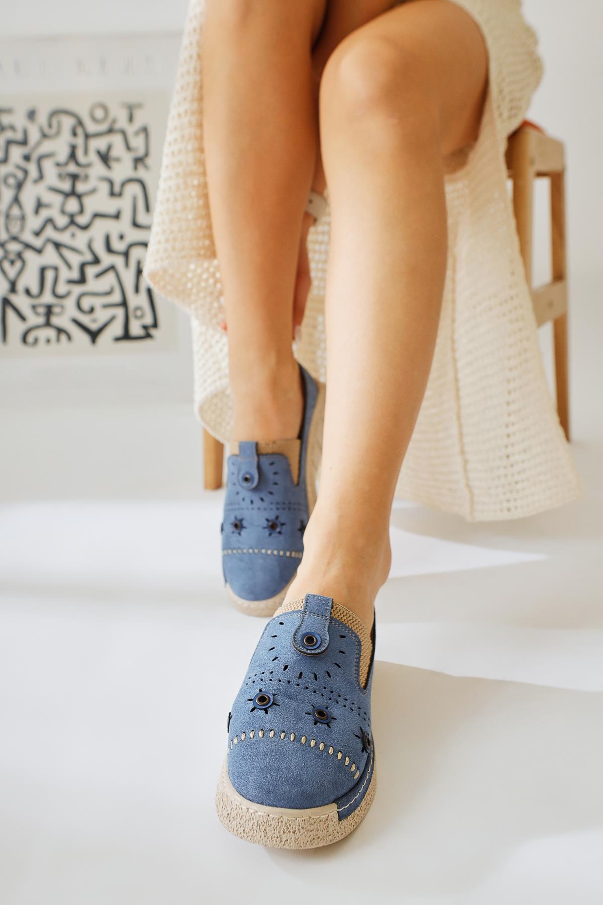 Bethina Blue Suede Rivet Detailed Laser Perforated Ballerinas
