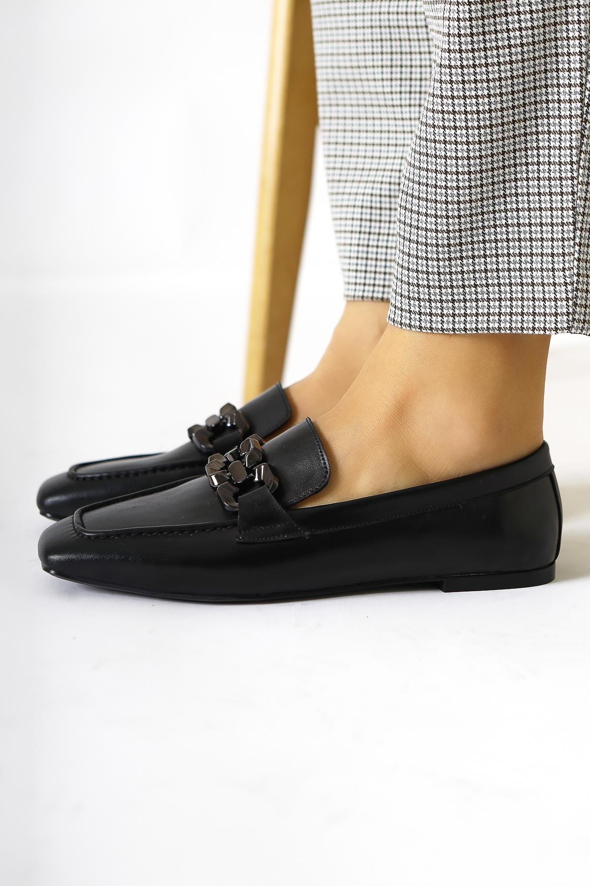 Asmin Echtes Leder Schwarze Schnalle Detaillierte Quadratische Zehe Tägliche Damenschuhe