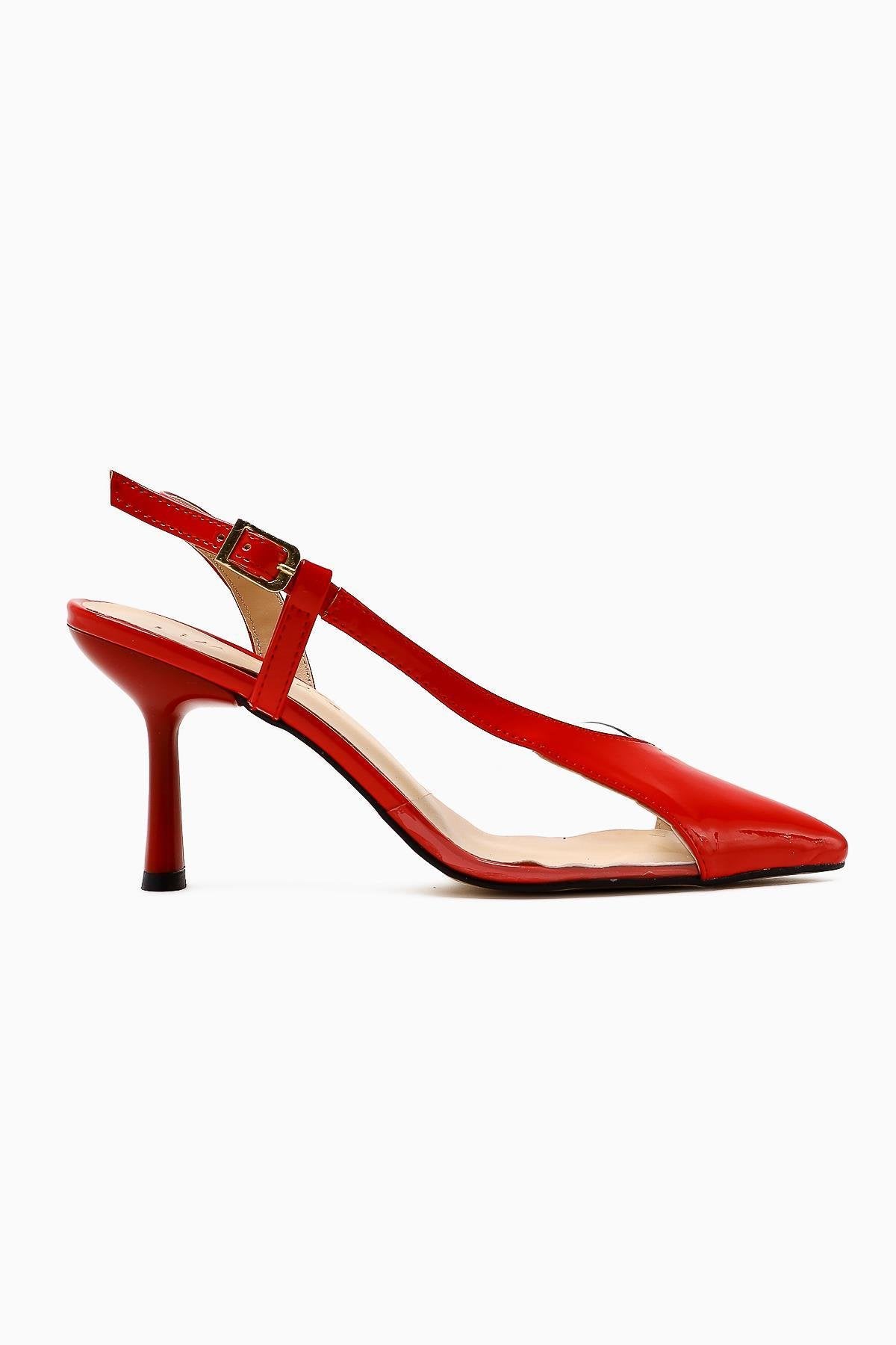 Aliah Red Patent Leather Pointed Toe Transparent Detail Thin Heel Women's Shoes