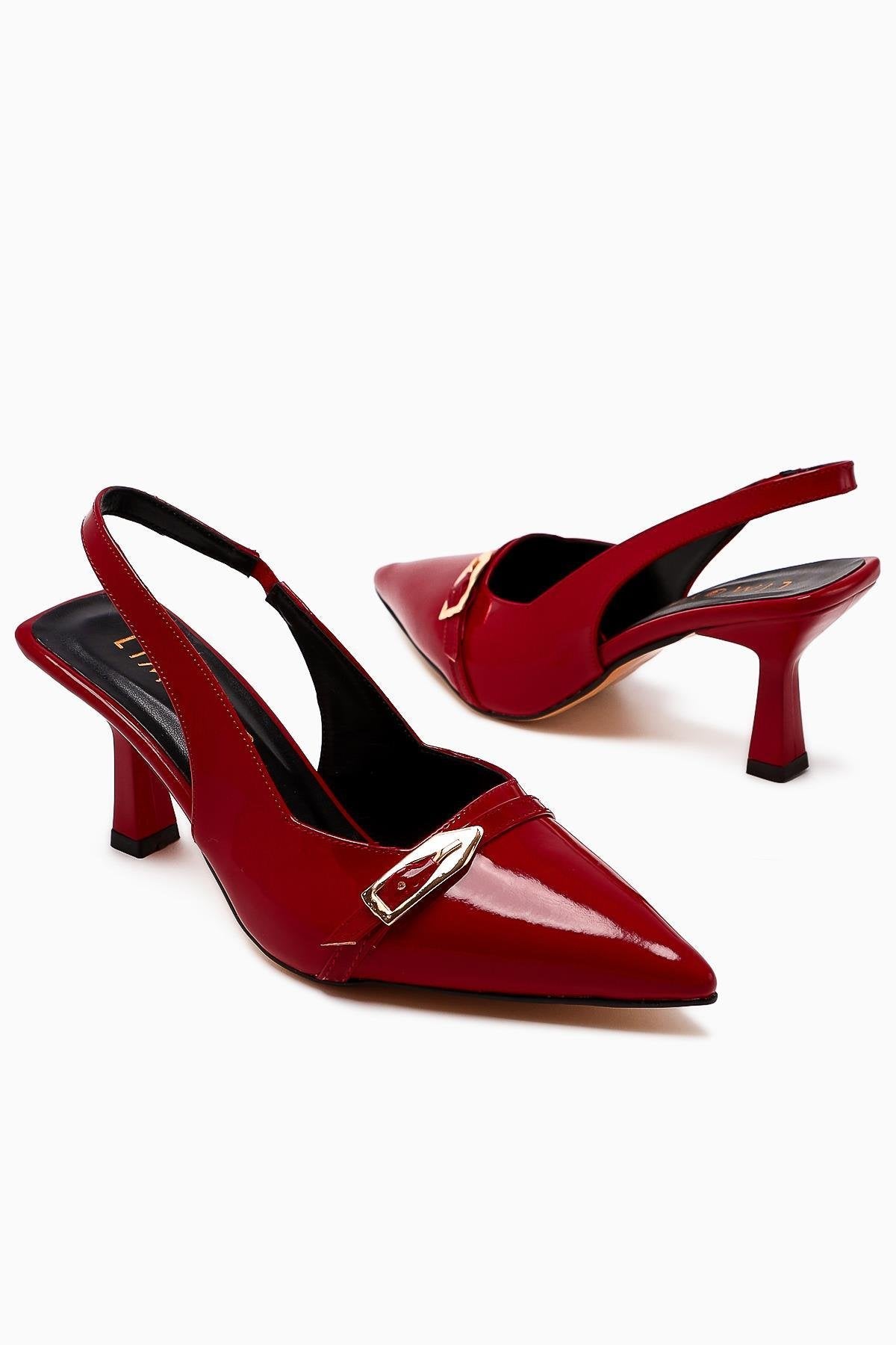 Camillas Red Patent Leather Pointed Toe Buckle Detailed Women's High Heel Shoes