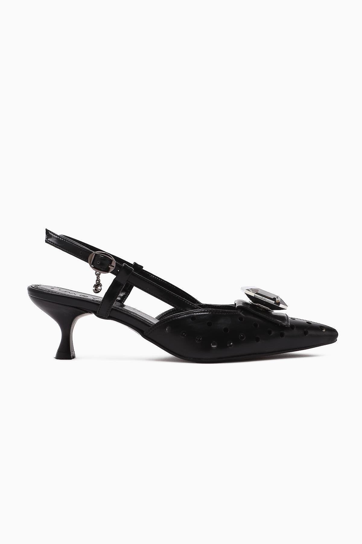 Ela Black Pointed Toe Laser Cut Stone Women's High Heel Shoes