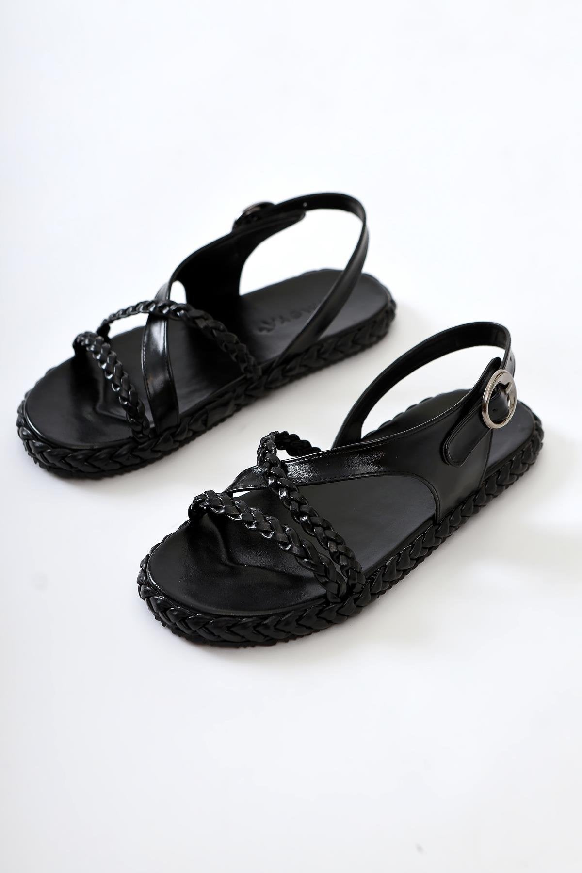 Nera Schwarze Lack Geflochtene Riemen Sandalen