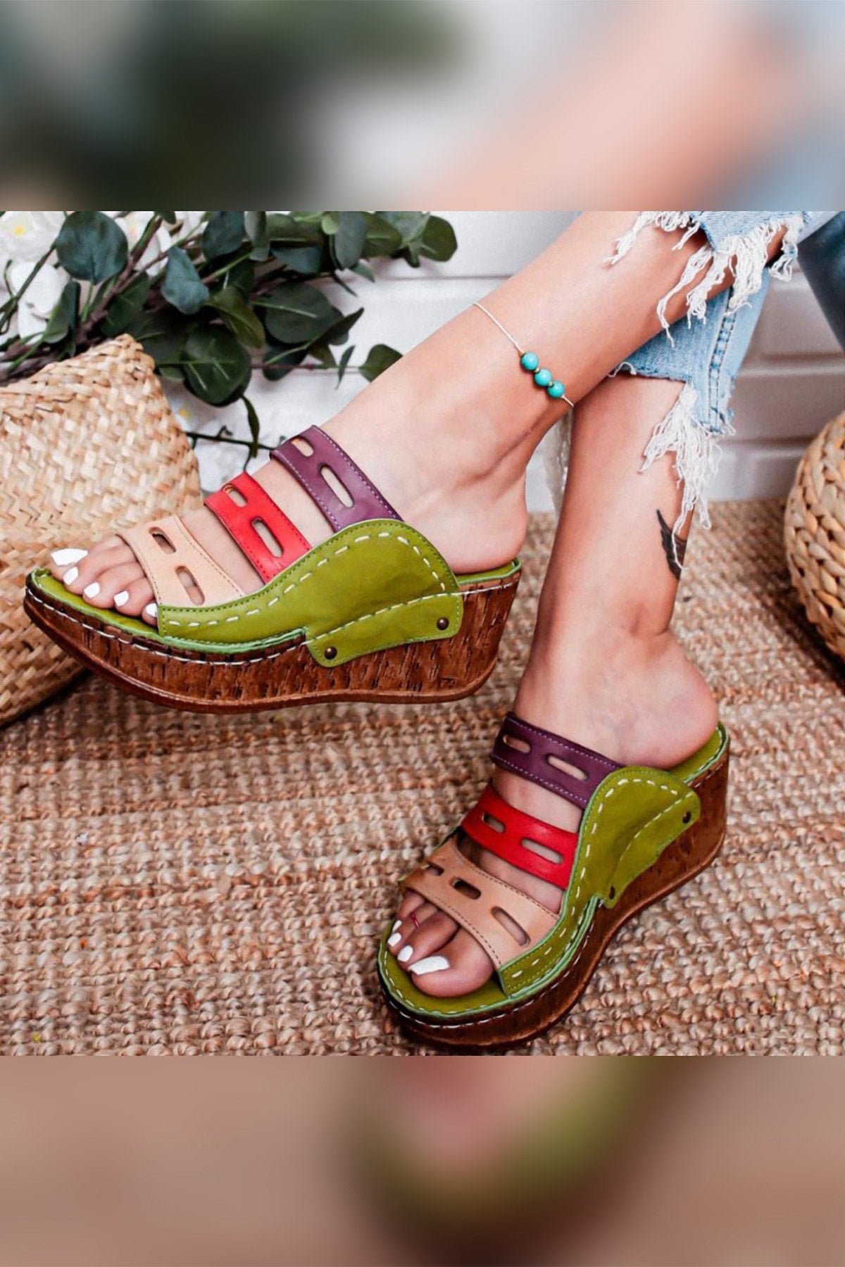 Etta Echtes Leder Grün, Lila, Rot, Nude Laser Cut Slide Sandalen (Vollständig Orthopädisch)