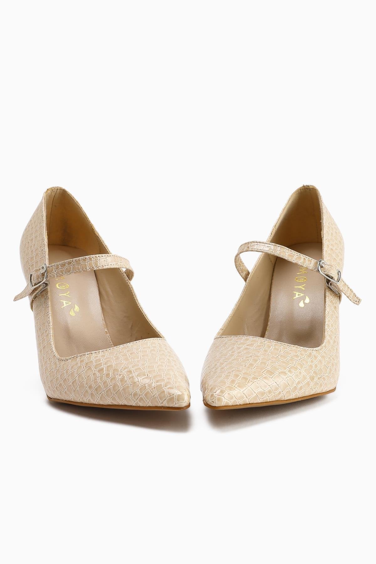 Beate – Beige Croc-Embossed Leather-Look Print Pointed-Toe Heeled Shoe (Women)