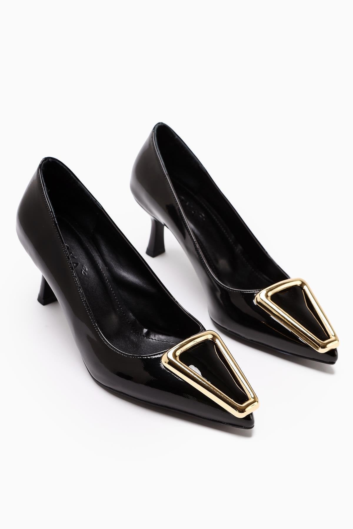 Carla Beige Patent Leather Pointed Toe Buckle Detailed Heeled Women's Shoes