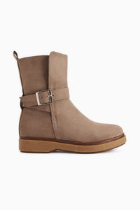 Behnoush Beige Wildleder Ovaler Zeh Schnallen Detail Damen Stiefel