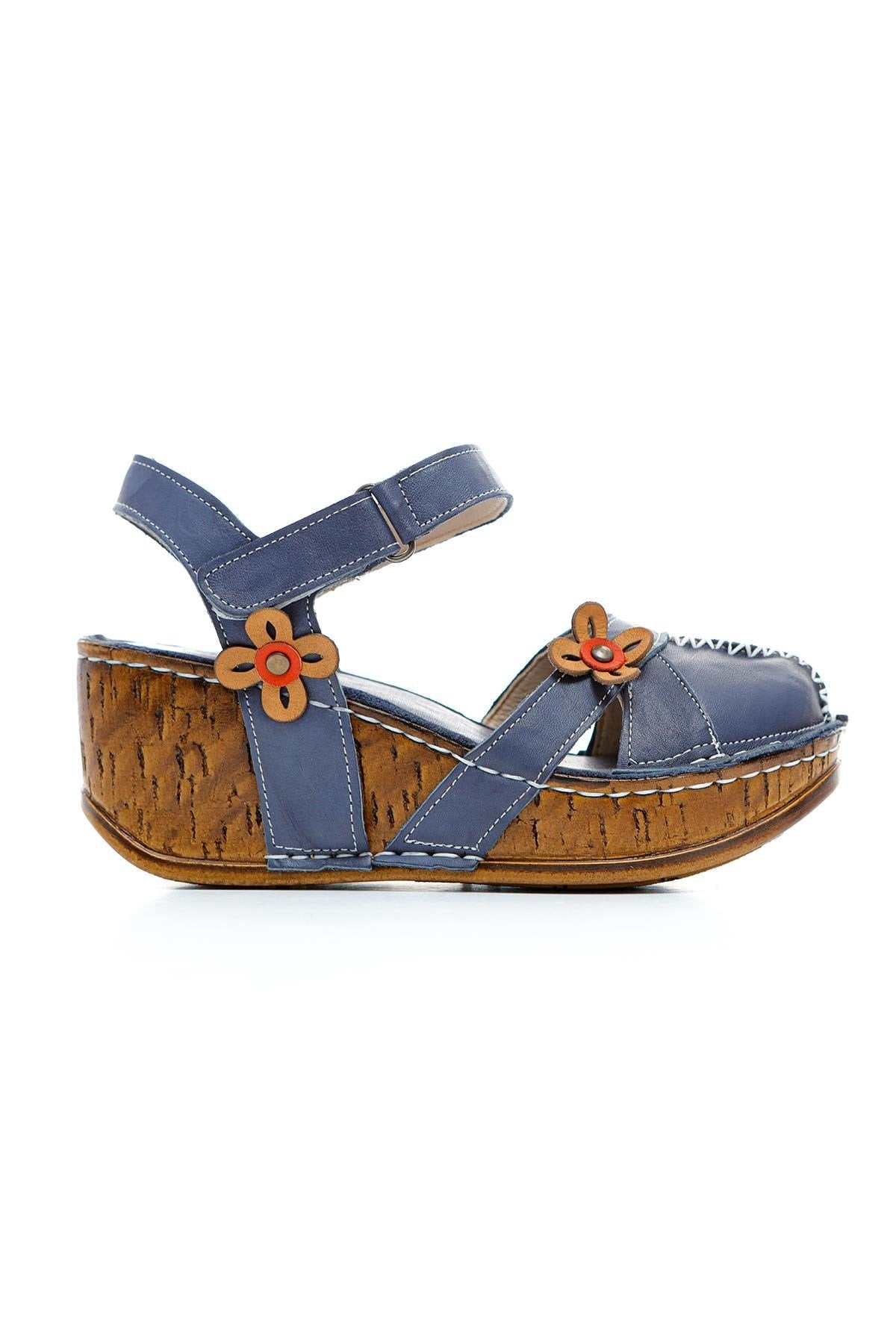 Genuine Leather Katlyn Flower Detail Closed Toe Wedge Sandals
