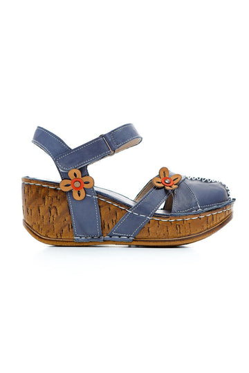 Genuine Leather Katlyn Flower Detail Closed Toe Wedge Sandals