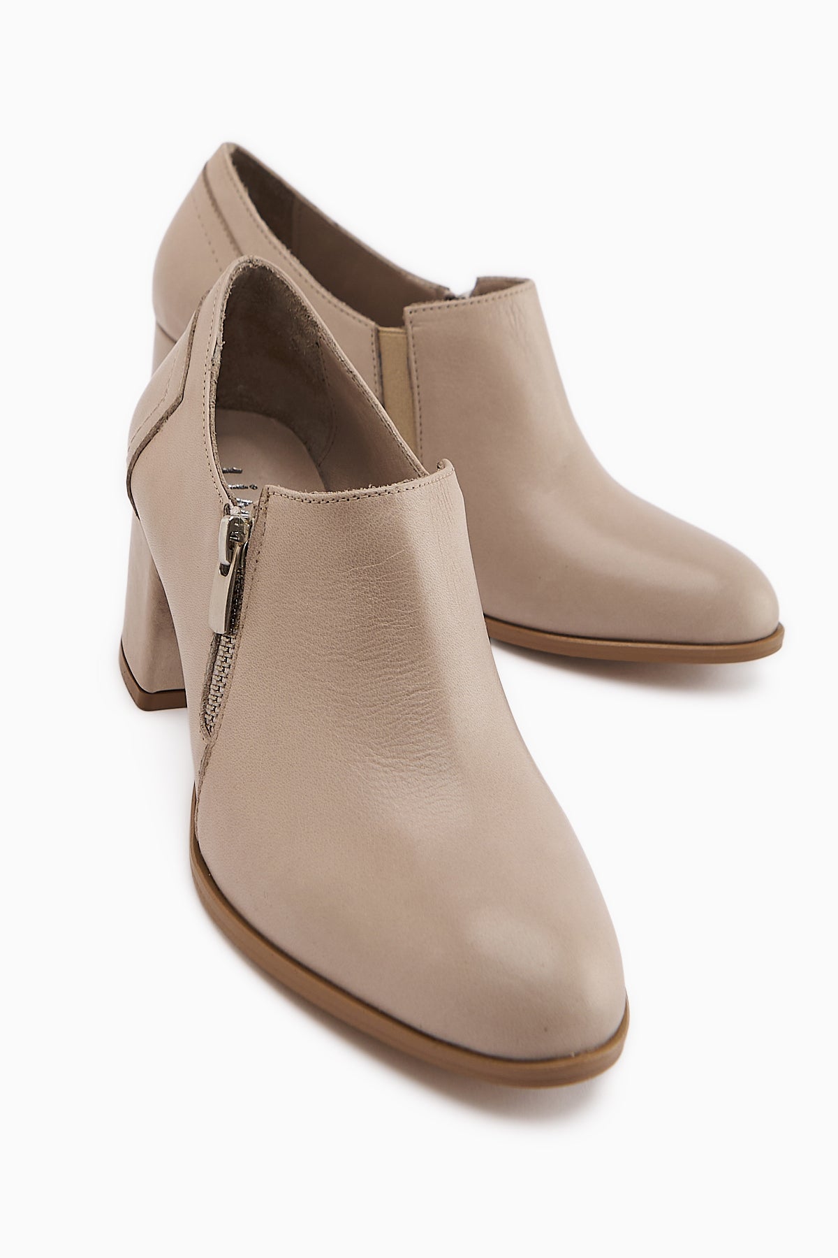 Leona Genuine Leather Beige Zipper Detailed Women's High Heel Shoe