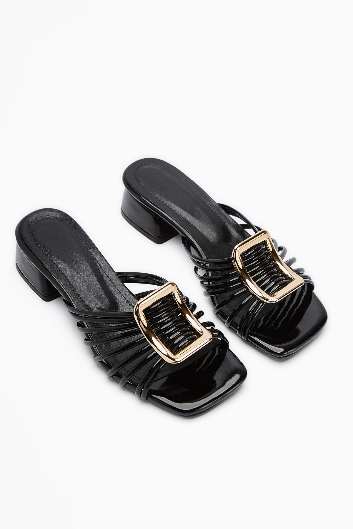 Greta Schwarze Lackleder Dicke Schnalle Niedriger Absatz Damen Hausschuhe