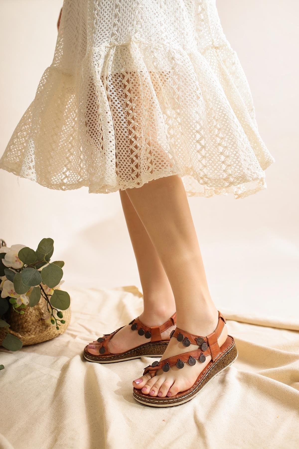 Genuine Leather Lilac Tan Antique Detailed Sandals