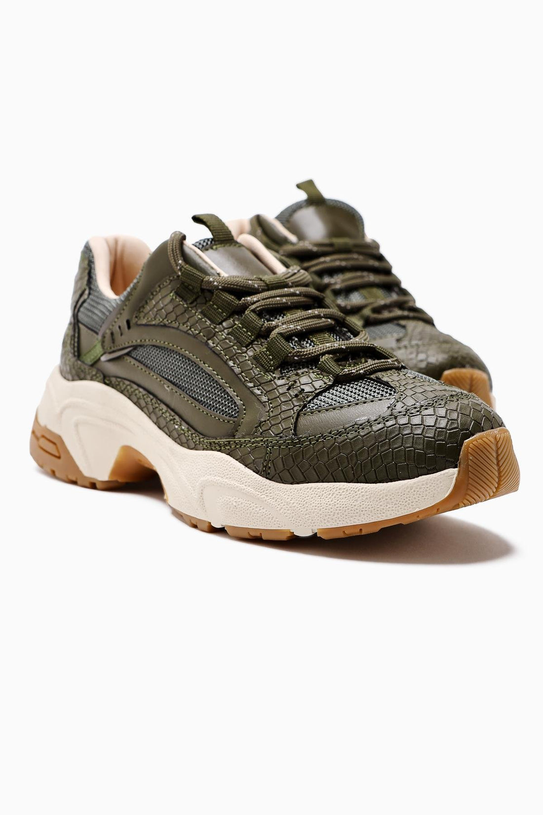 Caisa Khaki Textile Detail Lace-Up Women's Sneakers