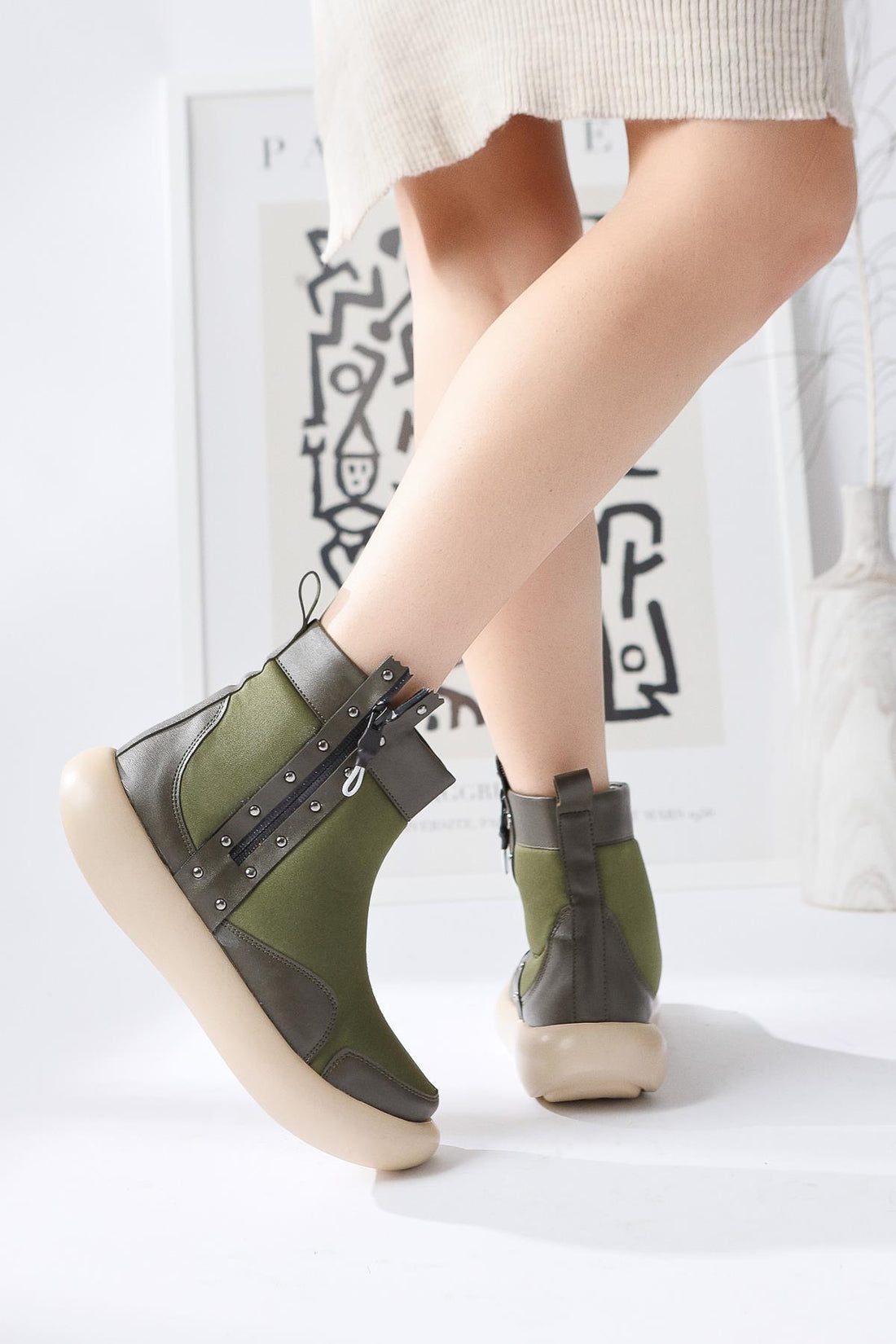 Maeda – Olive Neoprene Stud-and-Zipper Detail Boot (Women)