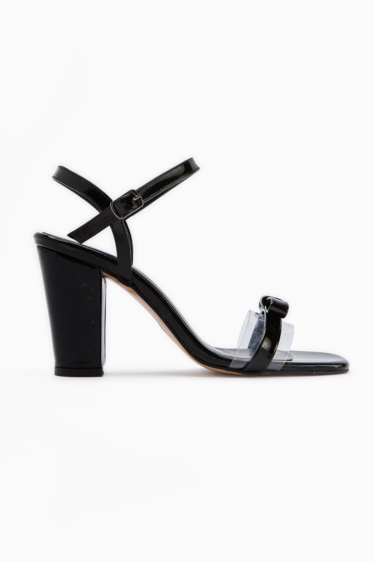 Joyce Schwarze Lackleder Dicke Absatz Knöchel-Bindung Schleife Damen Sandalen