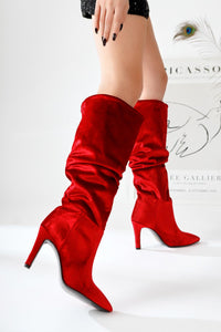 Rimaz Red Velvet Gusseted Long Pointed Heel Boots