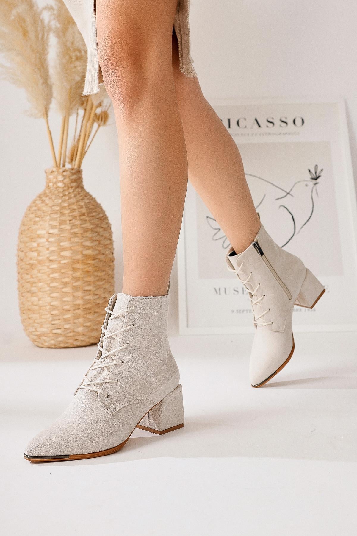 Kalaya Beige Suede Pointed Toe Zippered Heeled Boots