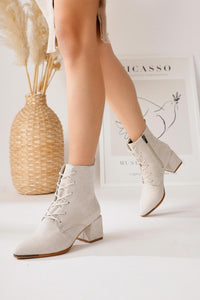 Kalaya Beige Suede Pointed Toe Zippered Heeled Boots